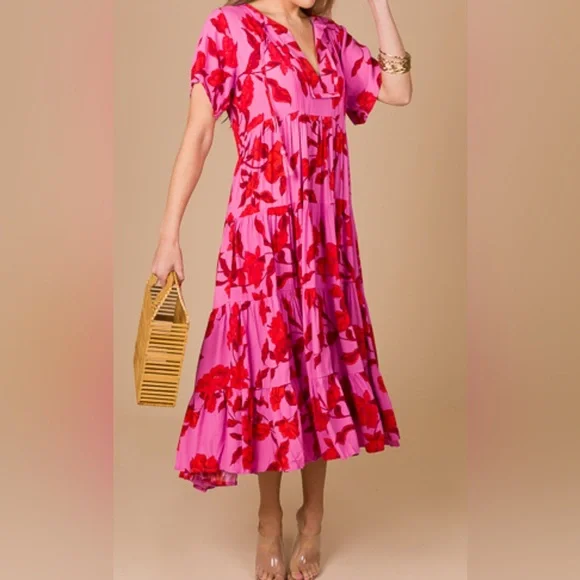 Karlie Stellar Pink and Red Floral Tiered Midi Dress - Picture 1 of 8